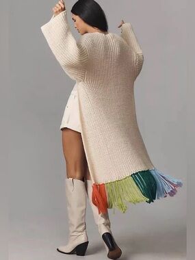 Anthropologie Long Fringe Cardigan Sweater Duster Chunky OS One Size Rainbow